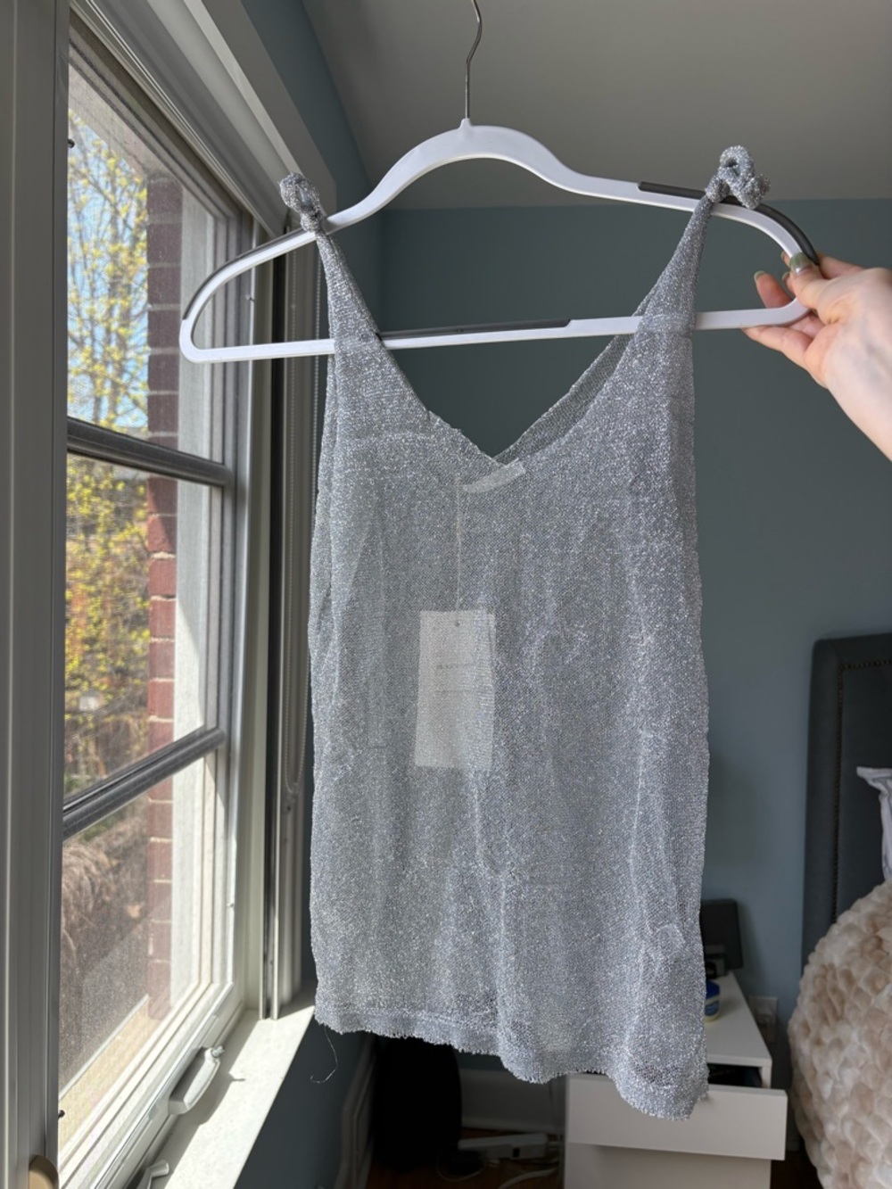 Silver see through Sparkle V-Neck Tank Top - Womens